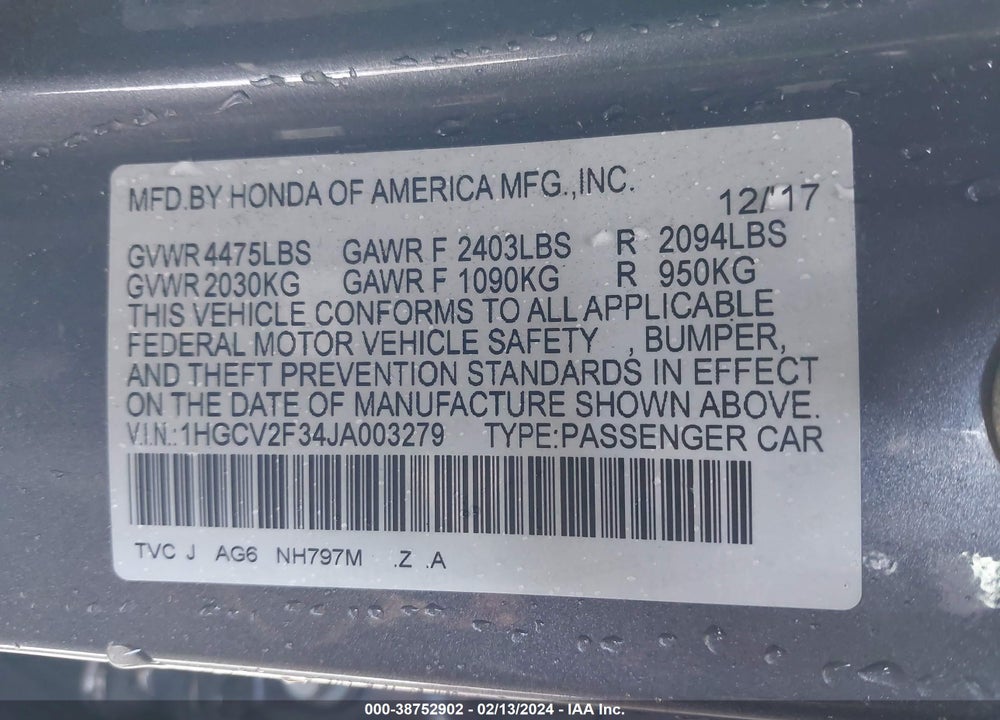 2018 HONDA ACCORD SPORT 2.0T VIN: 1HGCV2F34JA003279