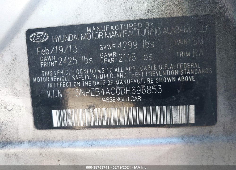 2013 HYUNDAI SONATA GLS VIN: 5NPEB4AC0DH696853