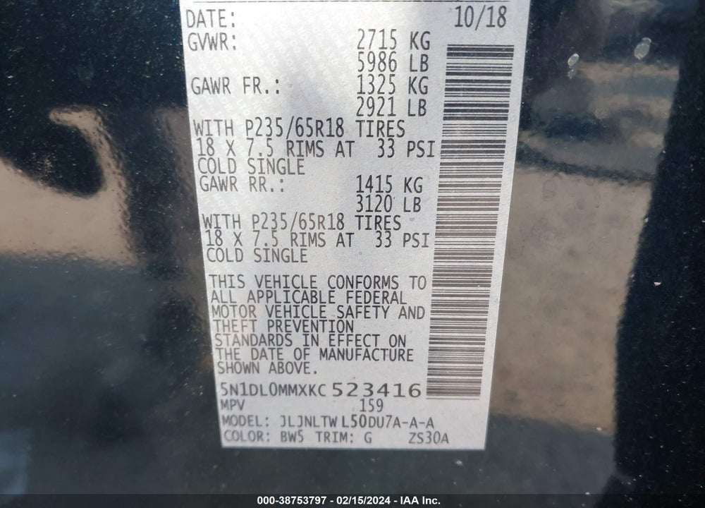 2019 INFINITI QX60 LUXE VIN: 5N1DL0MMXKC523416