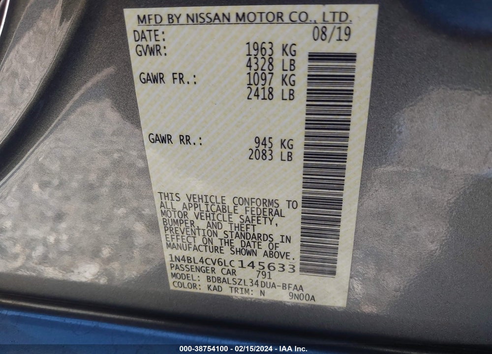 2020 NISSAN ALTIMA SR FWD VIN: 1N4BL4CV6LC145633