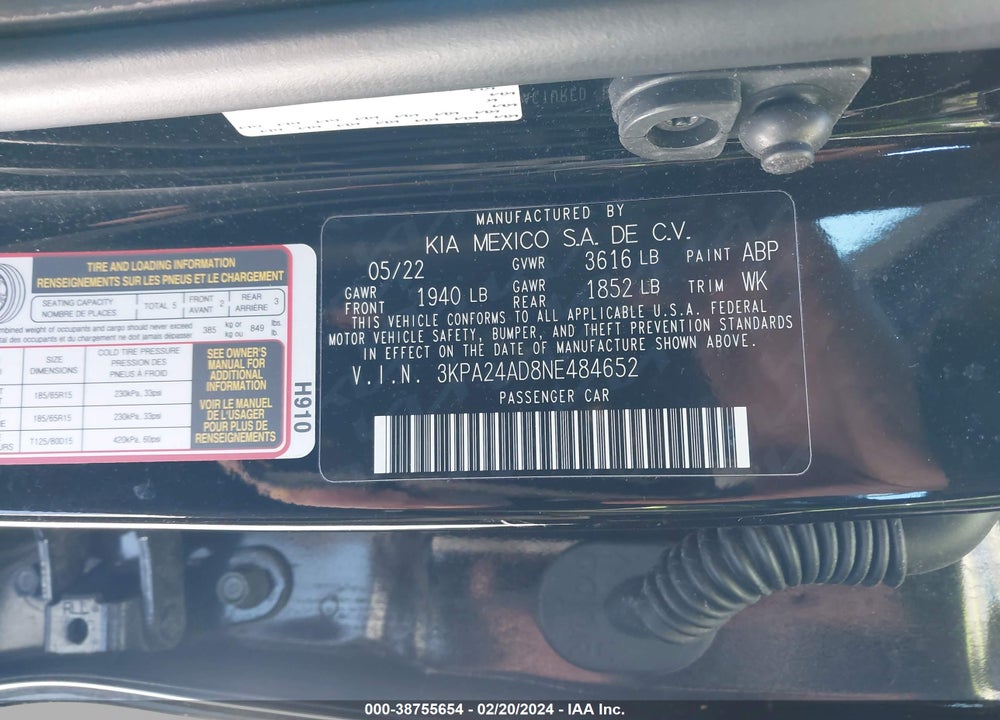 2022 KIA RIO LX VIN: 3KPA24AD8NE484652