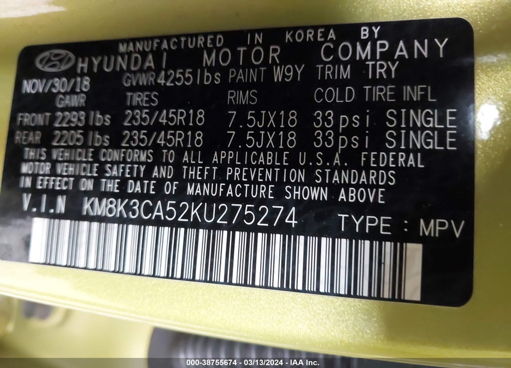 2019 HYUNDAI KONA LIMITED VIN: KM8K3CA52KU275274