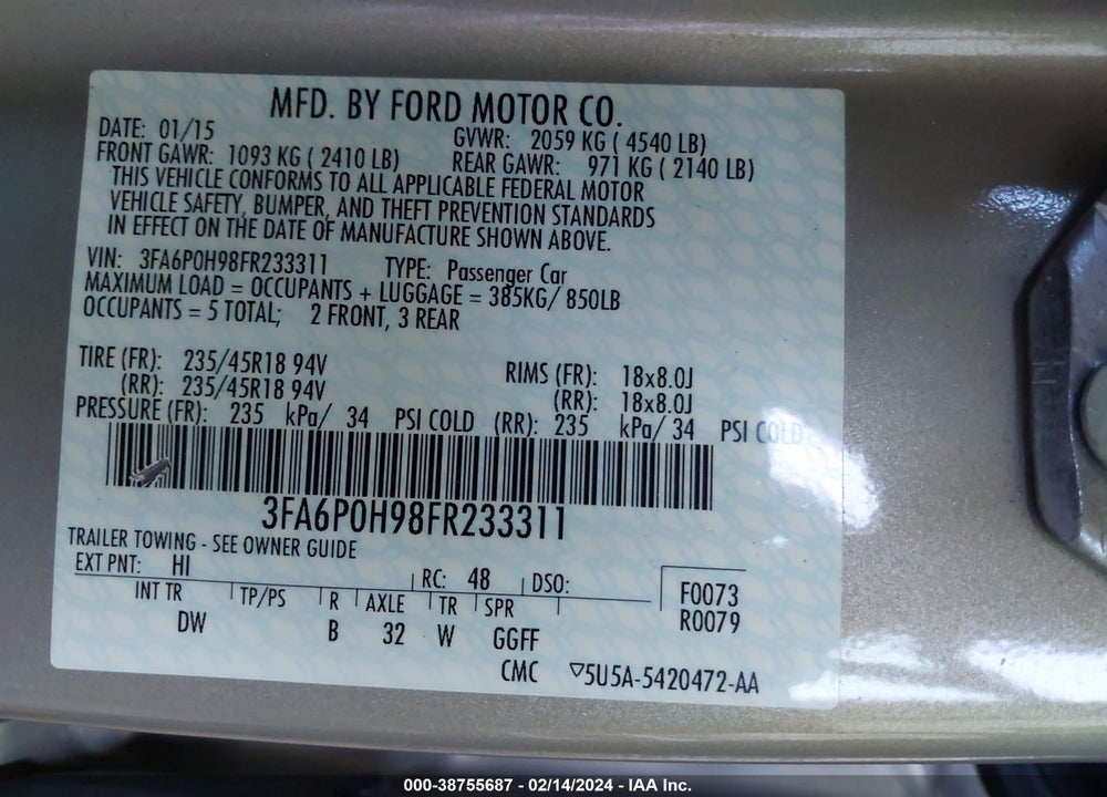 2015 FORD FUSION SE VIN: 3FA6P0H98FR233311