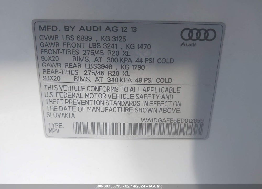 2014 AUDI Q7 3.0T S LINE PRESTIGE VIN: WA1DGAFE5ED012659
