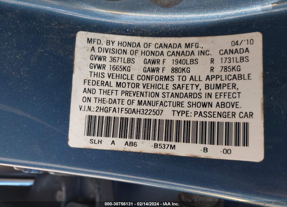 2010 HONDA CIVIC LX VIN: 2HGFA1F50AH322507