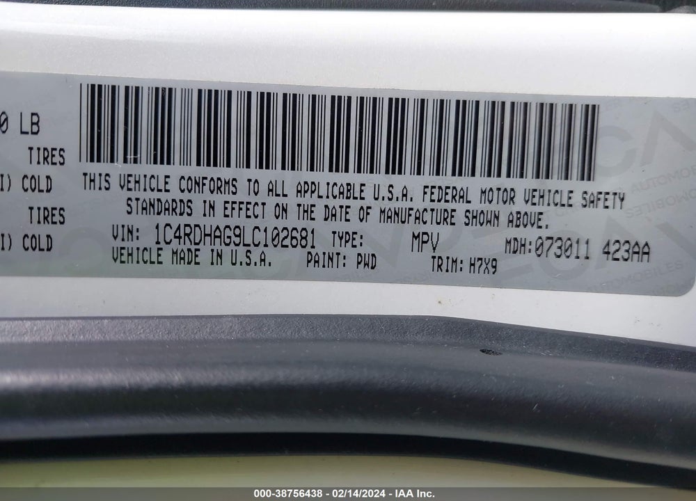 2020 DODGE DURANGO SXT PLUS RWD VIN: 1C4RDHAG9LC102681