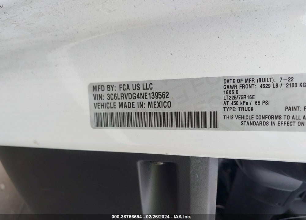 2022 RAM PROMASTER 2500 HIGH ROOF 159 WB VIN: 3C6LRVDG4NE139562