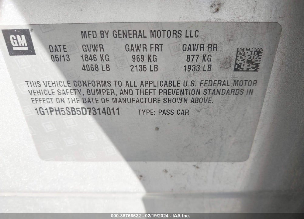 2013 CHEVROLET CRUZE ECO AUTO VIN: 1G1PH5SB5D7314011