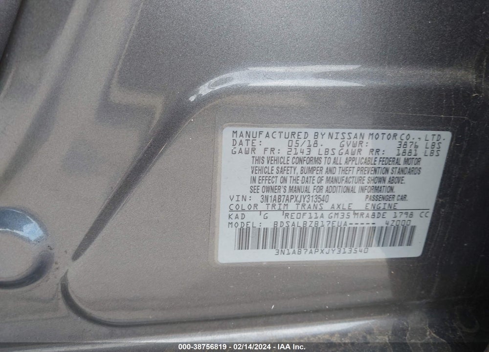 2018 NISSAN SENTRA S VIN: 3N1AB7APXJY313540