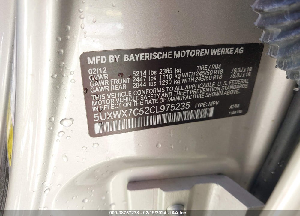 2012 BMW X3 XDRIVE35I VIN: 5UXWX7C52CL975235