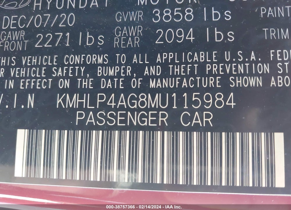 2021 HYUNDAI ELANTRA LIMITED VIN: KMHLP4AG8MU115984