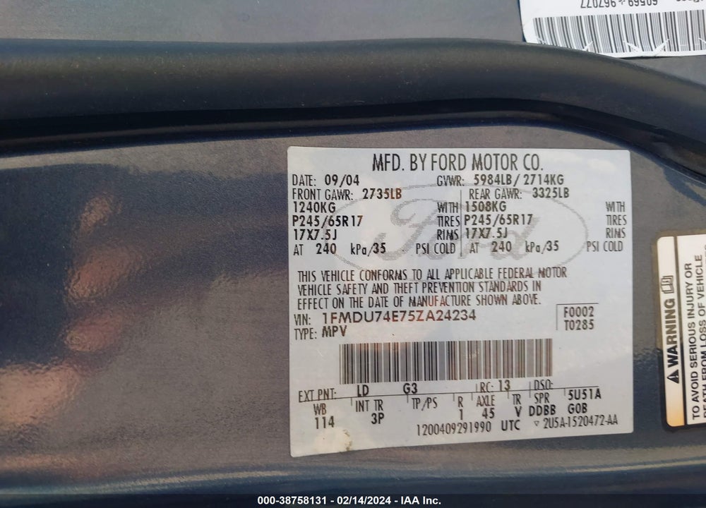 2005 FORD EXPLORER EDDIE BAUER VIN: 1FMDU74E75ZA24234