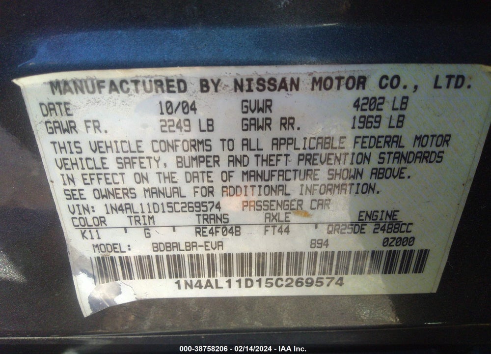 2005 NISSAN ALTIMA VIN: 1N4AL11D15C269574