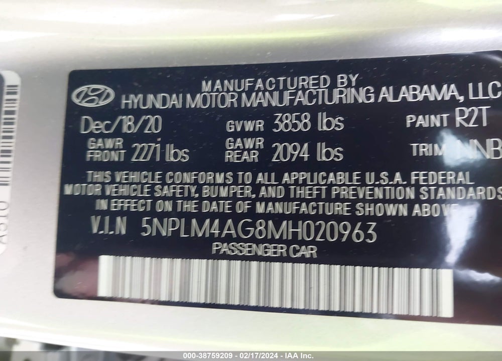 2021 HYUNDAI ELANTRA SEL VIN: 5NPLM4AG8MH020963