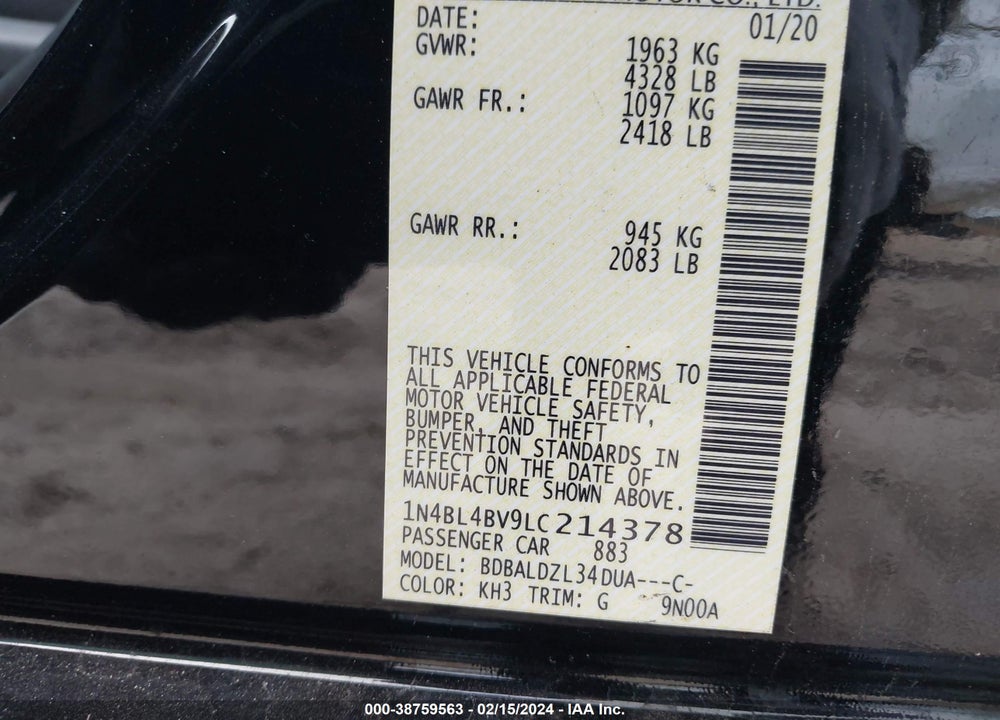 2020 NISSAN ALTIMA S FWD VIN: 1N4BL4BV9LC214378