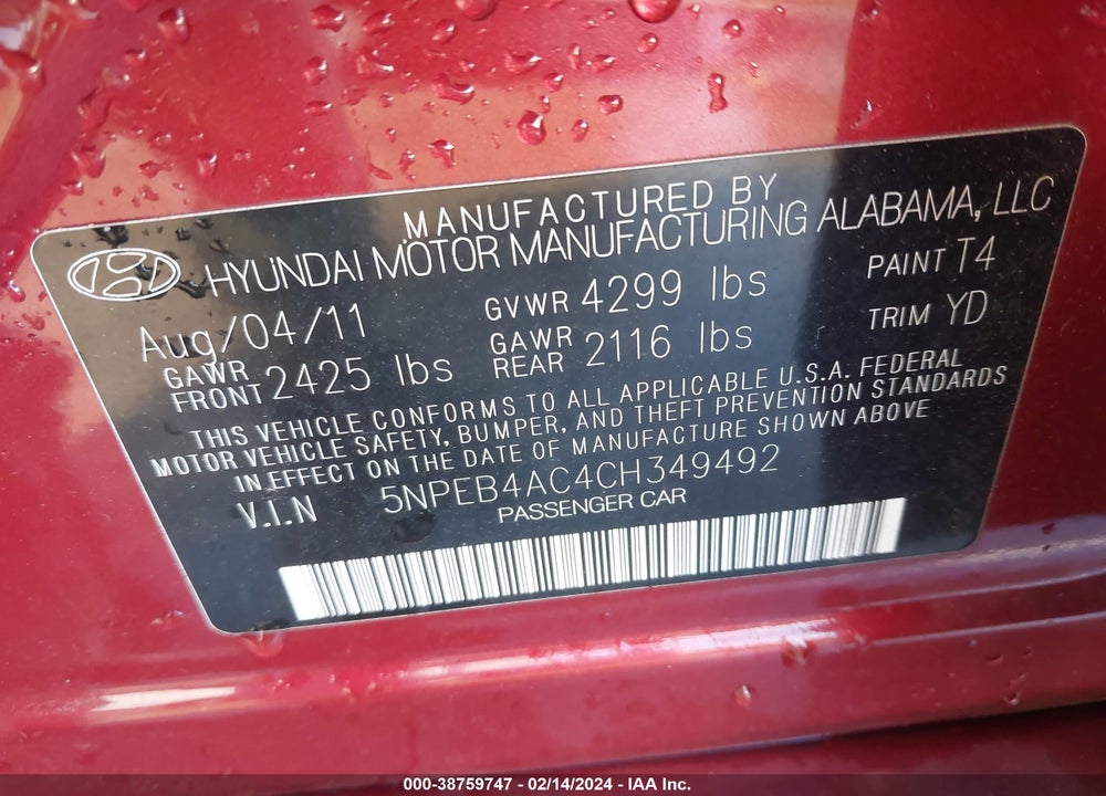 2012 HYUNDAI SONATA GLS VIN: 5NPEB4AC4CH349492