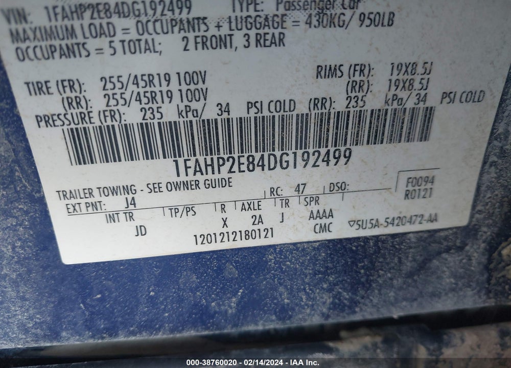 2013 FORD TAURUS SEL VIN: 1FAHP2E84DG192499