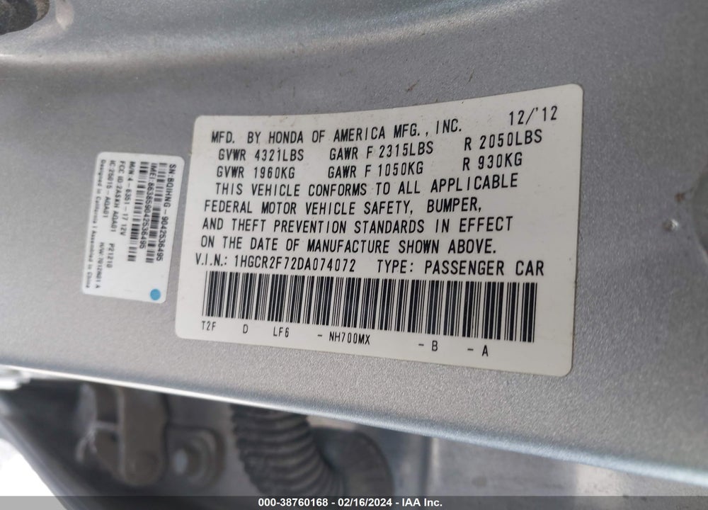 2013 HONDA ACCORD EX VIN: 1HGCR2F72DA074072