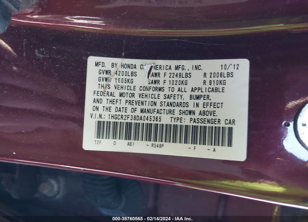 2013 HONDA ACCORD LX VIN: 1HGCR2F38DA045365