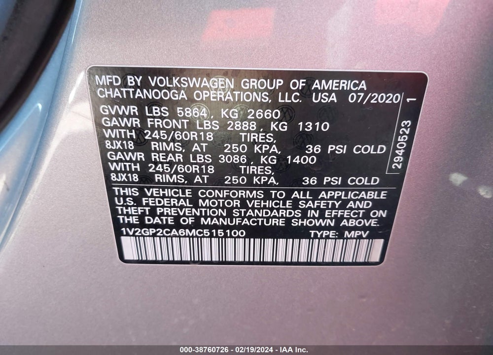2021 VOLKSWAGEN ATLAS 2.0T S VIN: 1V2GP2CA6MC515100