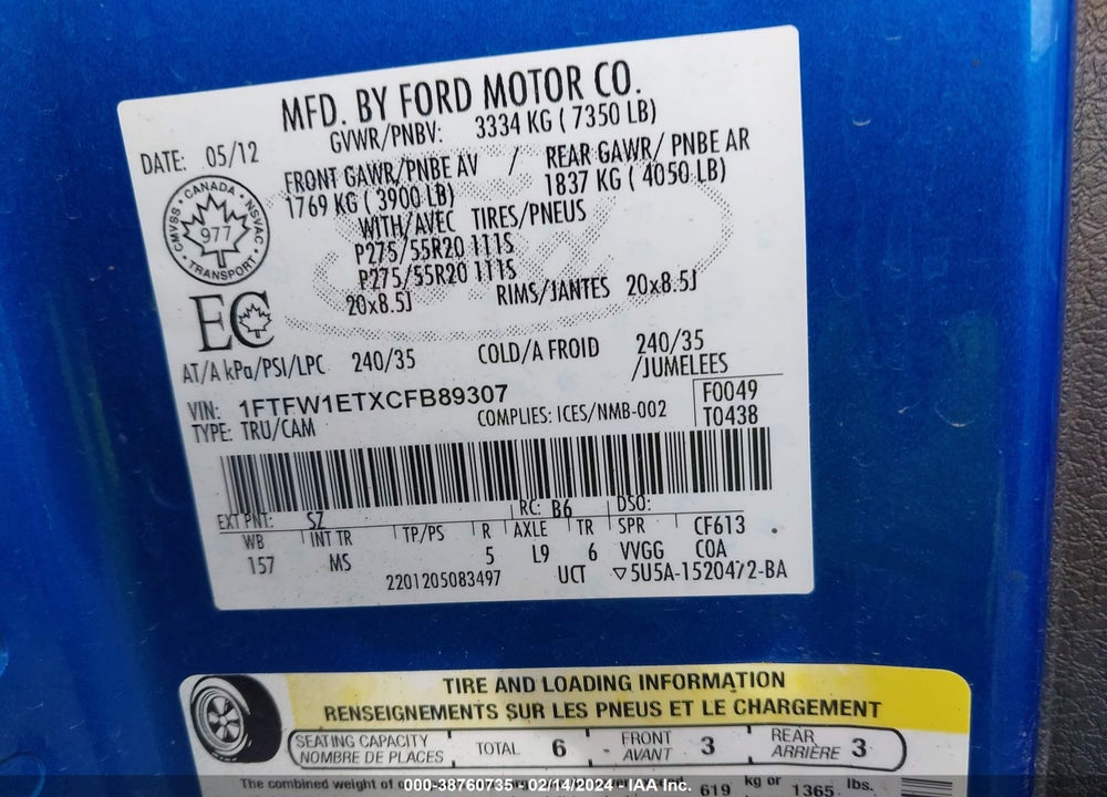 2012 FORD F-150 XLT VIN: 1FTFW1ETXCFB89307