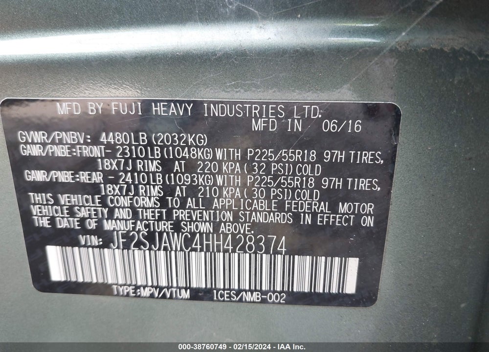 2017 SUBARU FORESTER 2.5I TOURING VIN: JF2SJAWC4HH428374