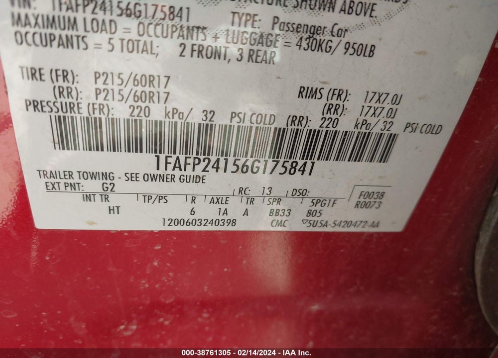 2006 FORD FIVE HUNDRED SEL VIN: 1FAFP24156G175841