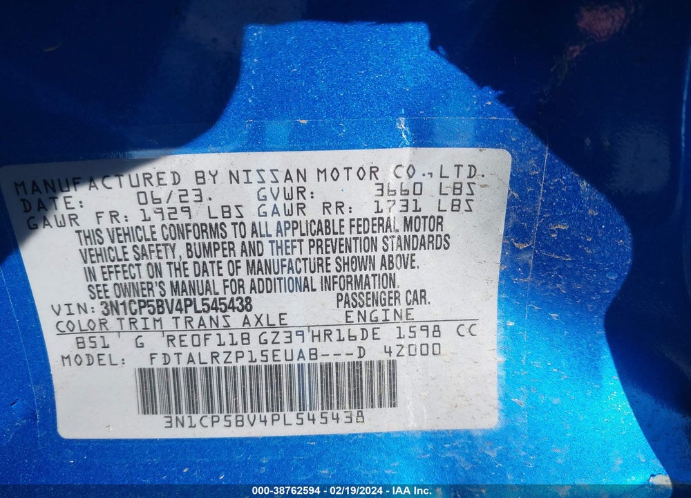 2023 NISSAN KICKS S XTRONIC CVT VIN: 3N1CP5BV4PL545438