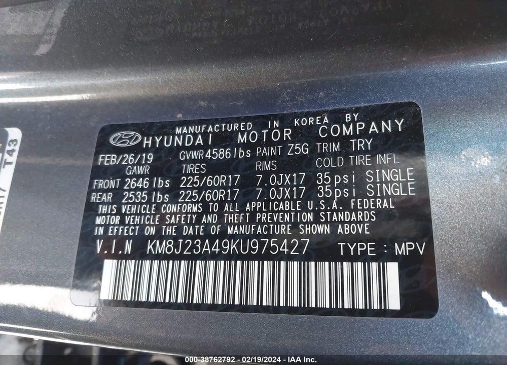 2019 HYUNDAI TUCSON SE VIN: KM8J23A49KU975427