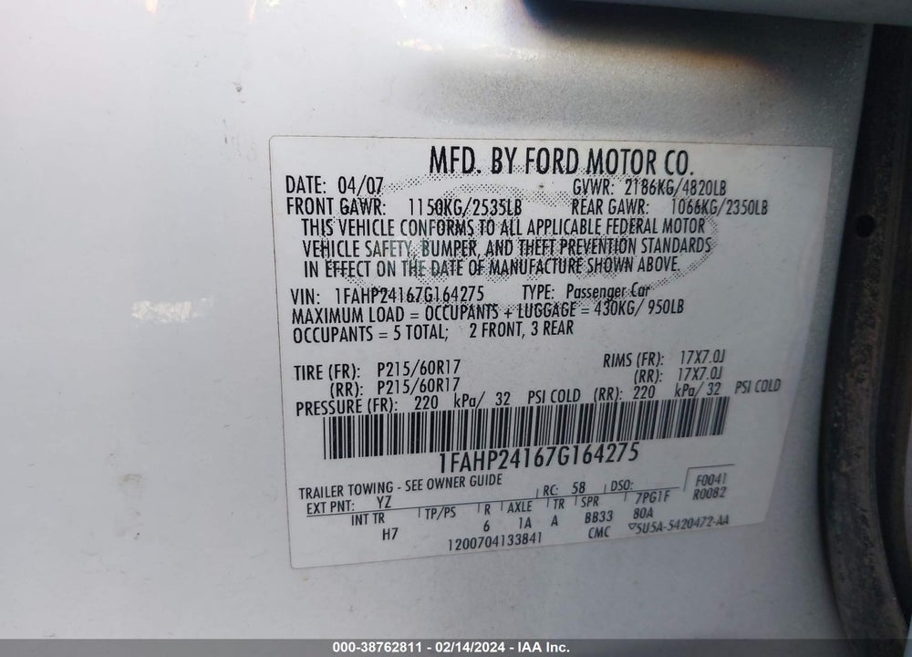2007 FORD FIVE HUNDRED SEL VIN: 1FAHP24167G164275
