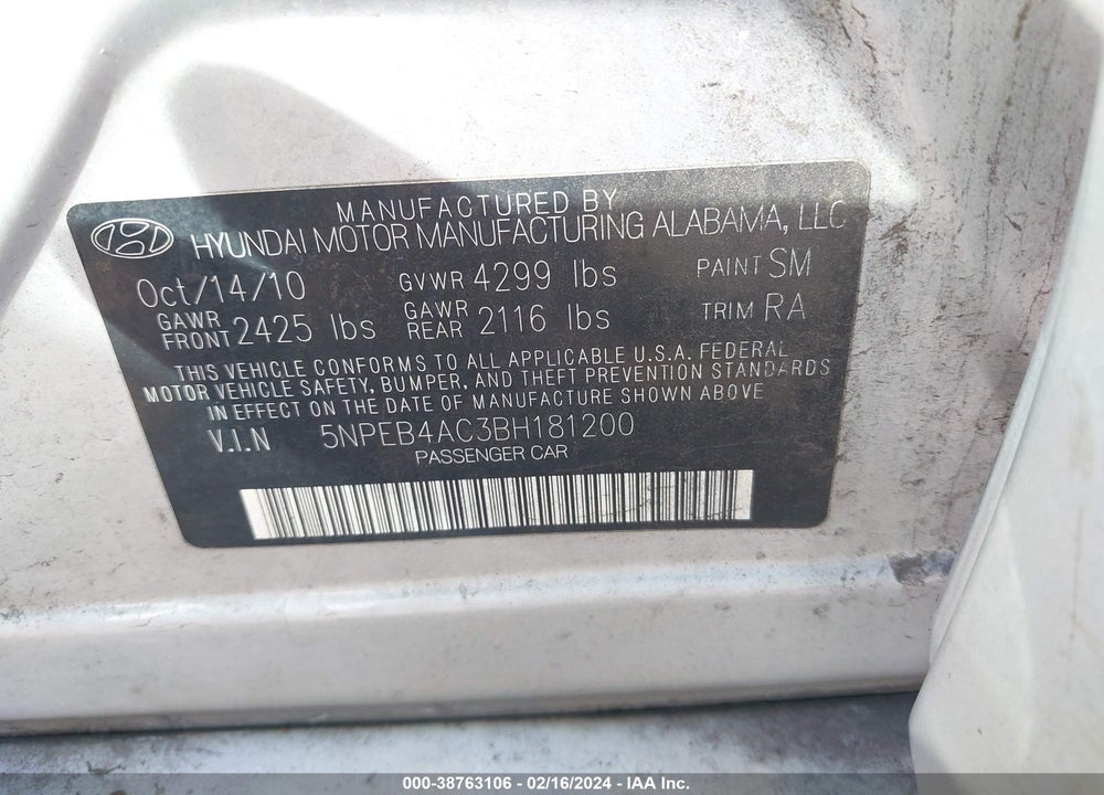 2011 HYUNDAI SONATA GLS VIN: 5NPEB4AC3BH181200