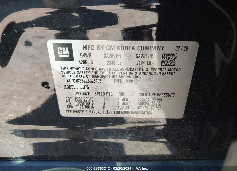2020 CHEVROLET TRAX FWD LS VIN: KL7CJKSB2LB325405