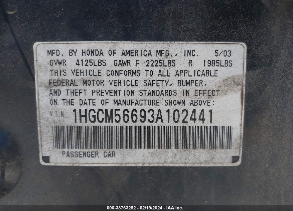 2003 HONDA ACCORD VIN: 1HGCM56693A102441