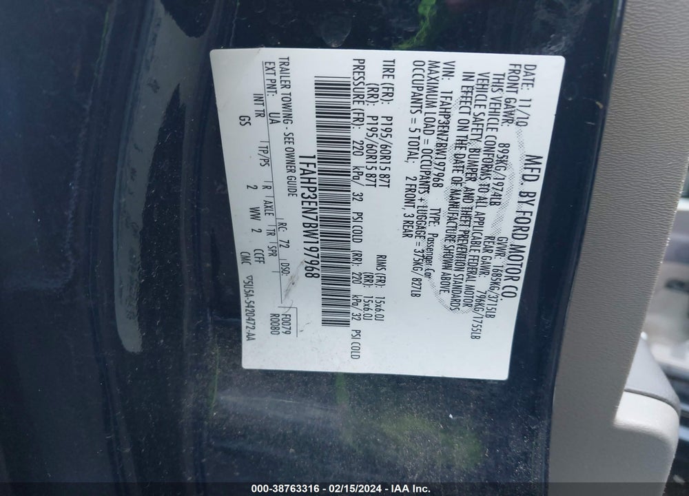 2011 FORD FOCUS S VIN: 1FAHP3EN7BW197968