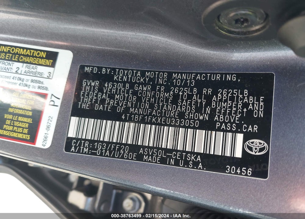 2014 TOYOTA CAMRY SE VIN: 4T1BF1FKXEU333050