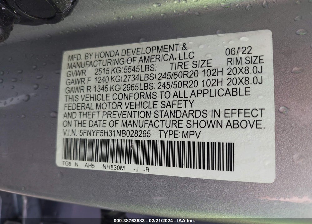 2022 HONDA PILOT 2WD SPORT VIN: 5FNYF5H31NB028265