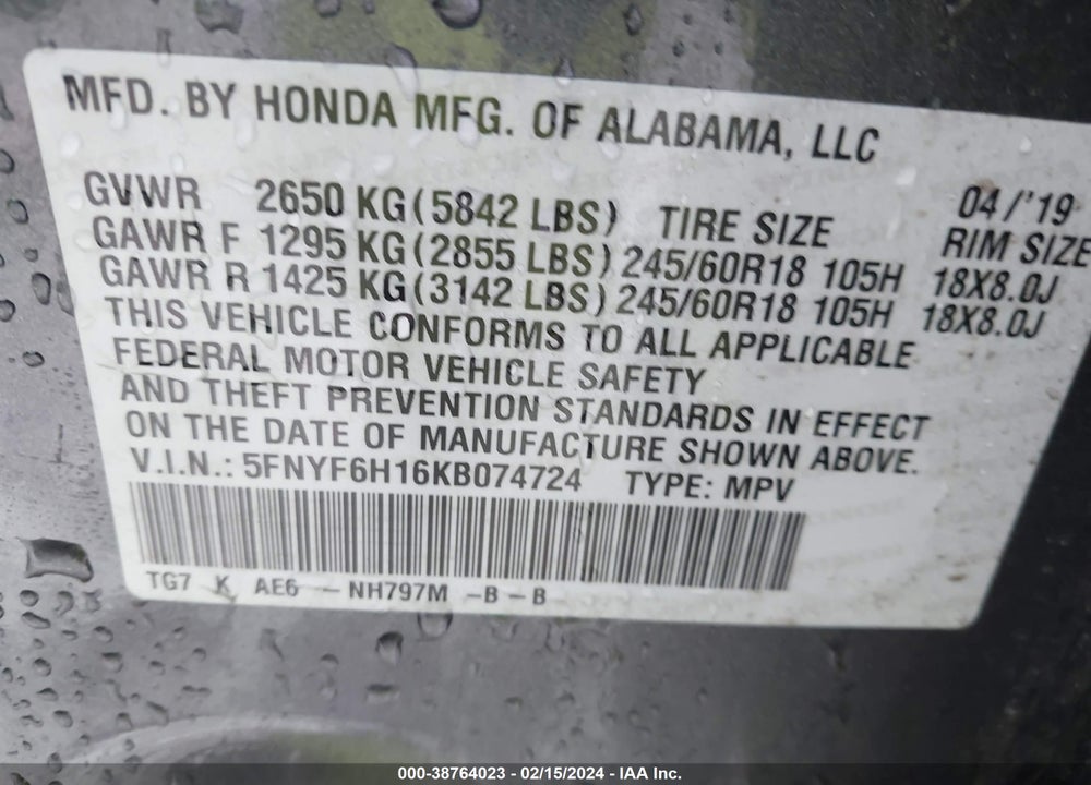 2019 HONDA PILOT LX VIN: 5FNYF6H16KB074724