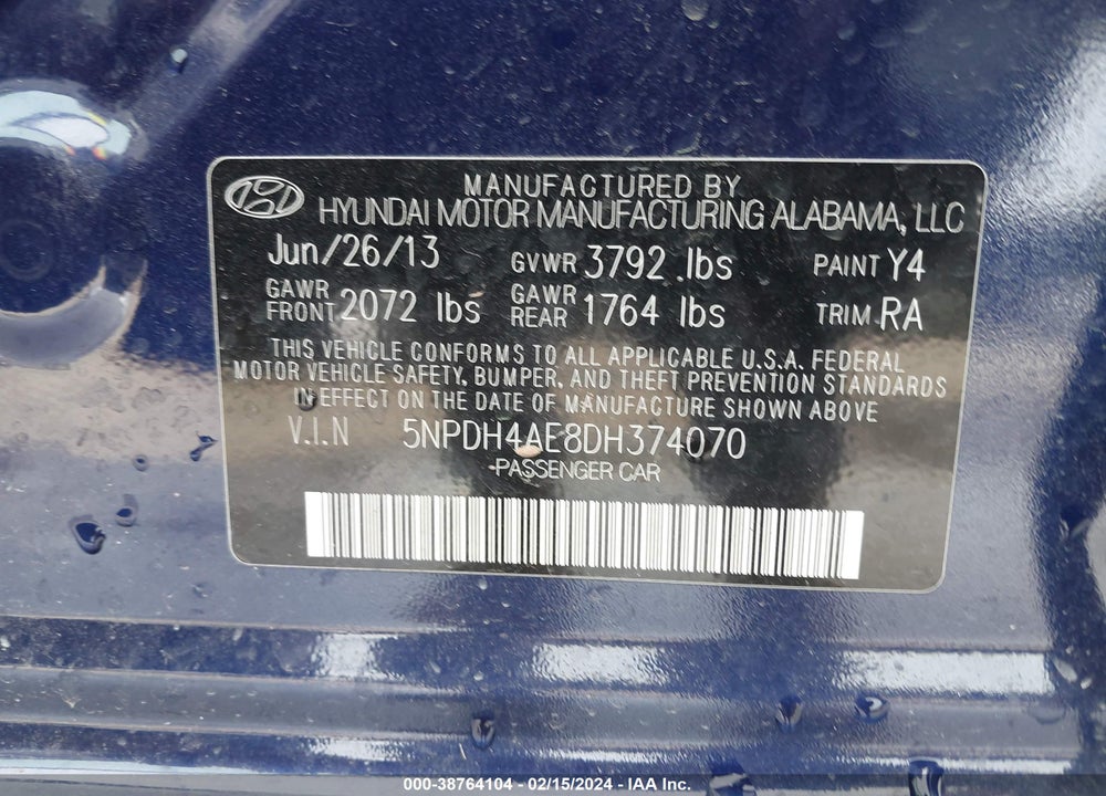 2013 HYUNDAI ELANTRA GLS VIN: 5NPDH4AE8DH374070