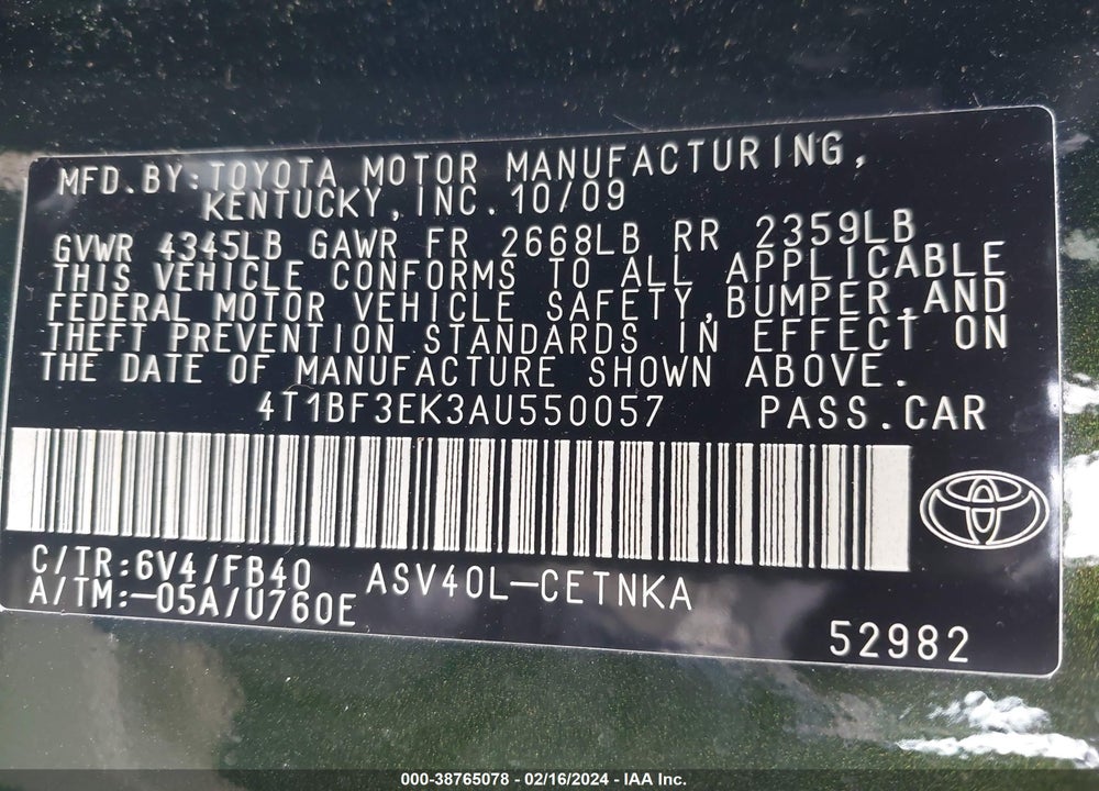 2010 TOYOTA CAMRY VIN: 4T1BF3EK3AU550057