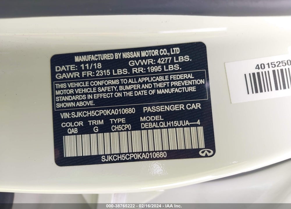 2019 INFINITI QX30 LUXE VIN: SJKCH5CP0KA010680