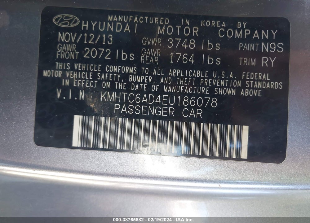 2014 HYUNDAI VELOSTER BASE W/BLACK VIN: KMHTC6AD4EU186078