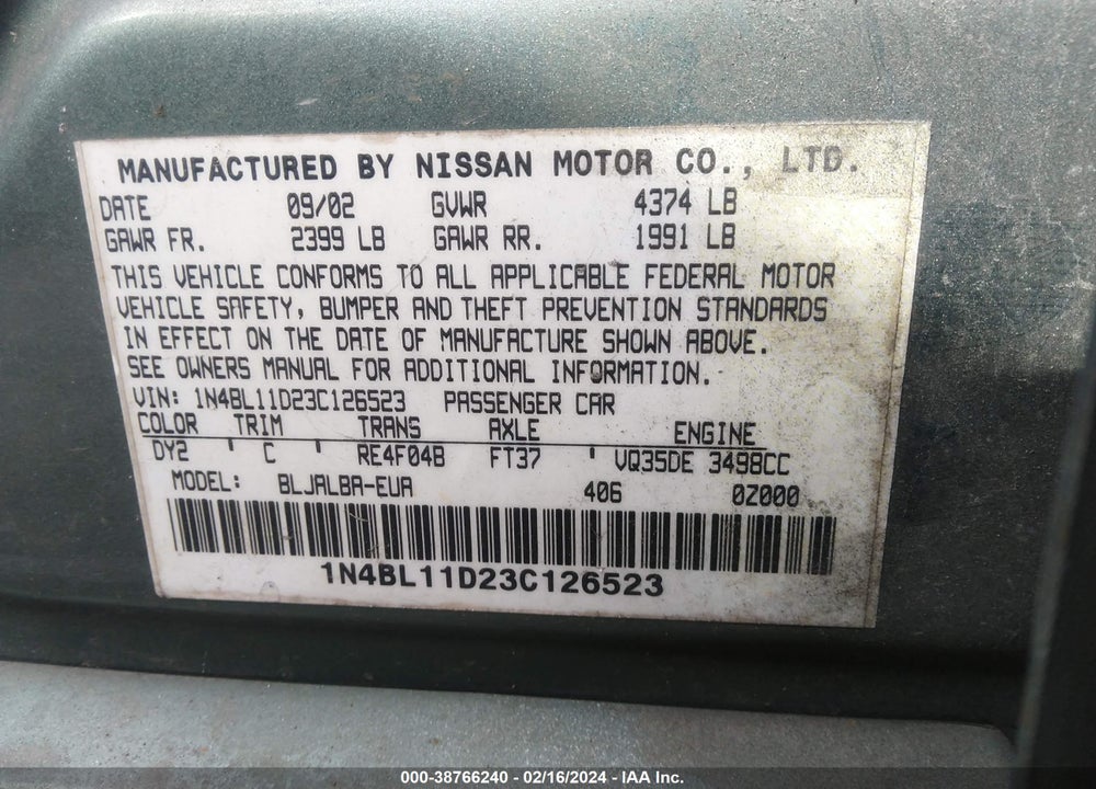 2003 NISSAN ALTIMA 3.5 SE VIN: 1N4BL11D23C126523