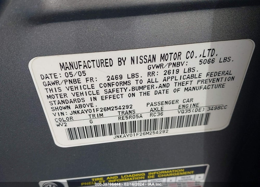 2006 INFINITI M35X VIN: JNKAY01F26M254292
