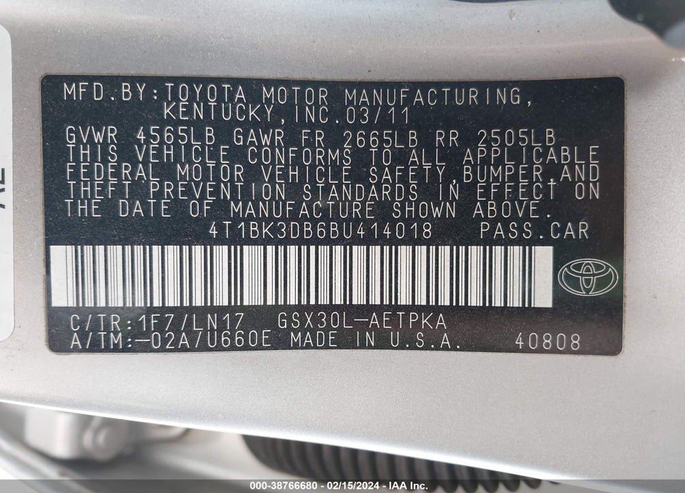 2011 TOYOTA AVALON LIMITED VIN: 4T1BK3DB6BU414018