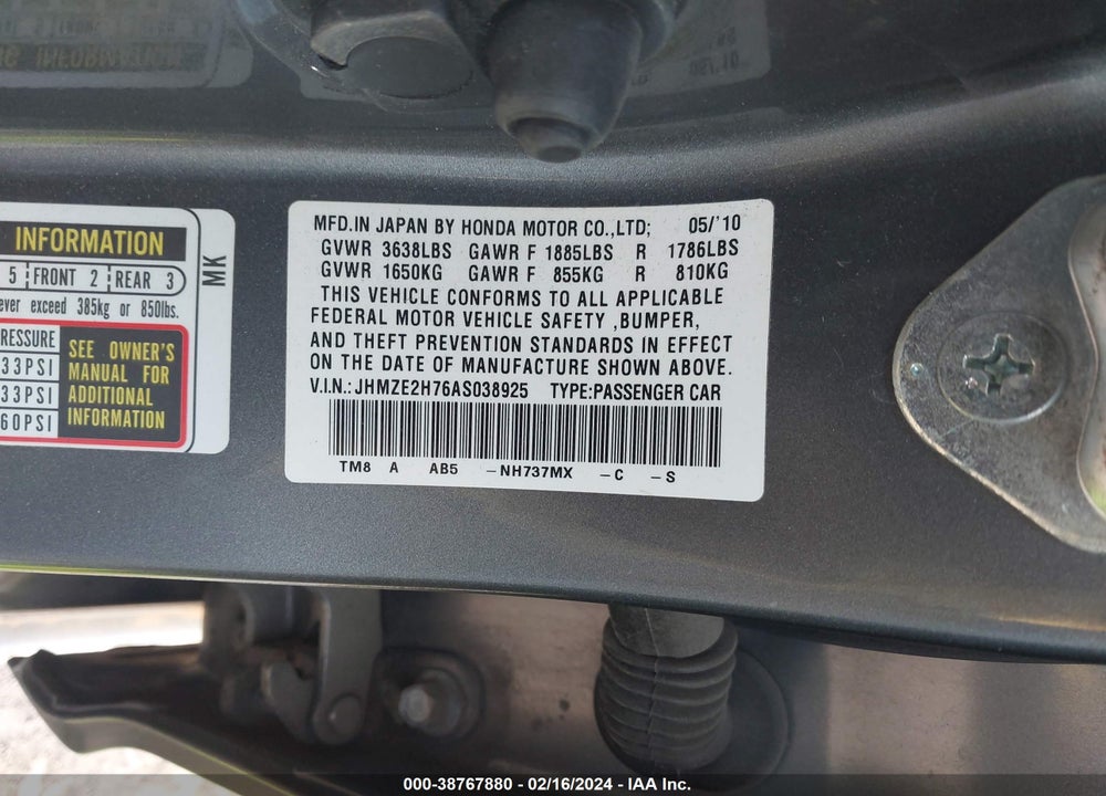 2010 HONDA INSIGHT EX VIN: JHMZE2H76AS038925