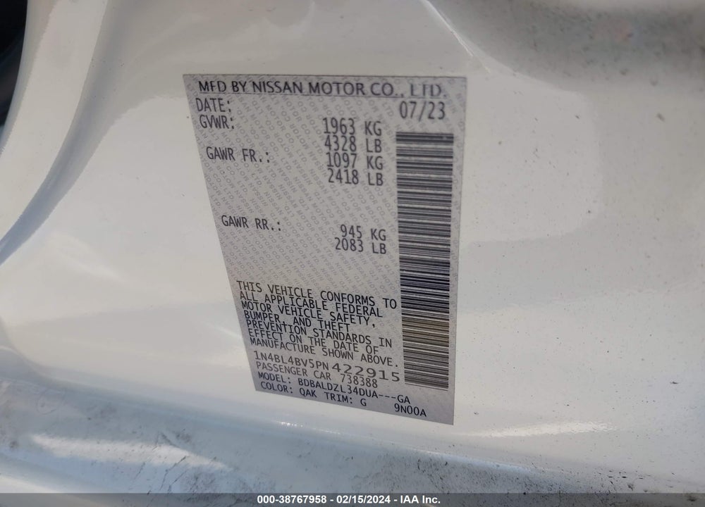 2023 NISSAN ALTIMA S FWD VIN: 1N4BL4BV5PN422915