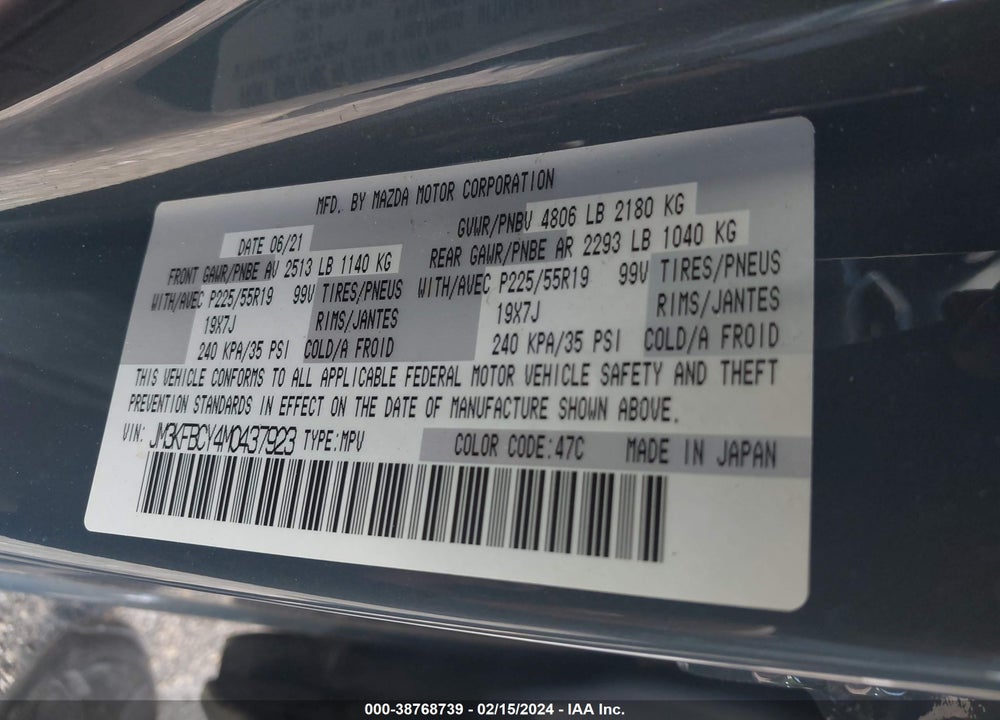 2021 MAZDA CX-5 CARBON EDITION TURBO VIN: JM3KFBCY4M0437923