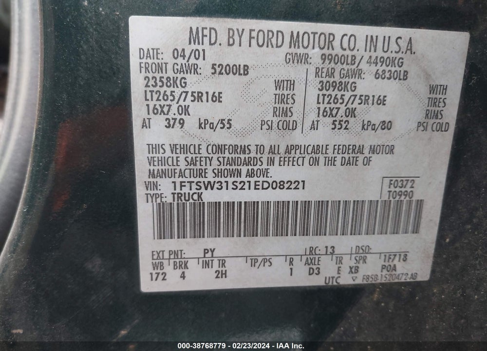 2001 FORD F-350 LARIAT/XL/XLT VIN: 1FTSW31S21ED08221