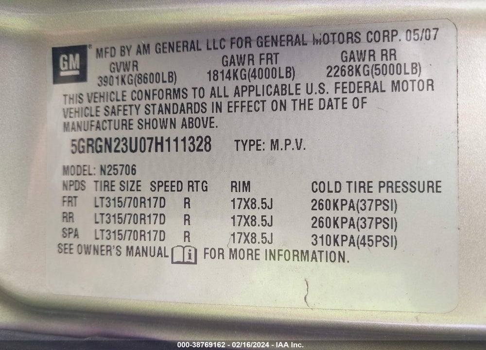 2007 HUMMER H2 SUV VIN: 5GRGN23U07H111328