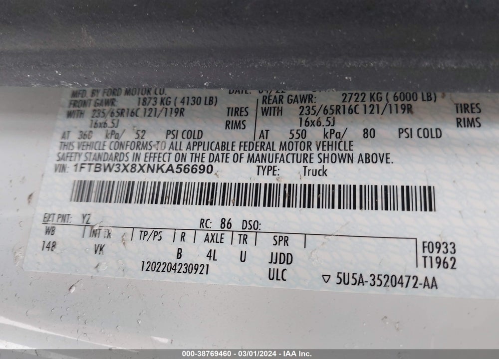 2022 FORD TRANSIT-350 CARGO VAN VIN: 1FTBW3X8XNKA56690